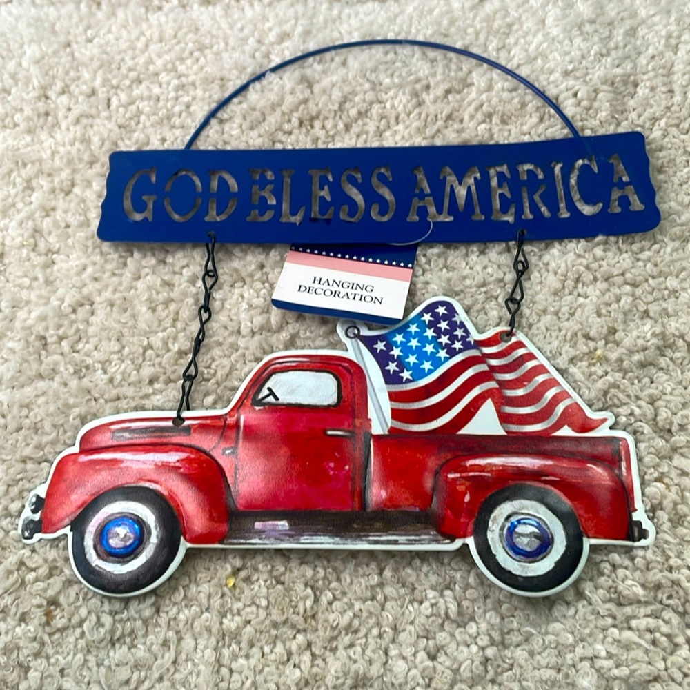 🍒 5 for 25 🍒 Patriotic Farm Truck Metal Hanging Sign God Bless America